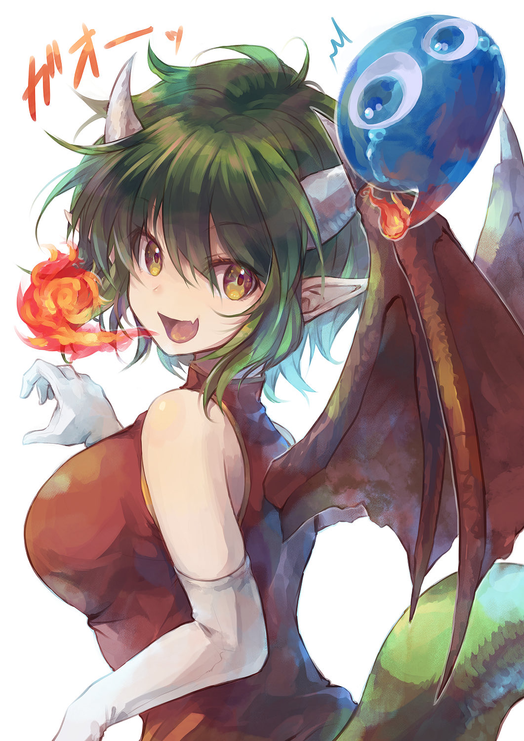 1girl :d bare_shoulders breasts breathing_fire commentary draco_centauros dragon_girl dragon_horns dragon_tail dragon_wings dress elbow_gloves eyebrows_visible_through_hair fang fire gao gloves green_hair highres horns large_breasts open_mouth pointy_ears puyo_(puyopuyo) puyopuyo red_dress short_hair skin_fang smile tail upper_body white_gloves wings yellow_eyes yue_(lov_n_n)