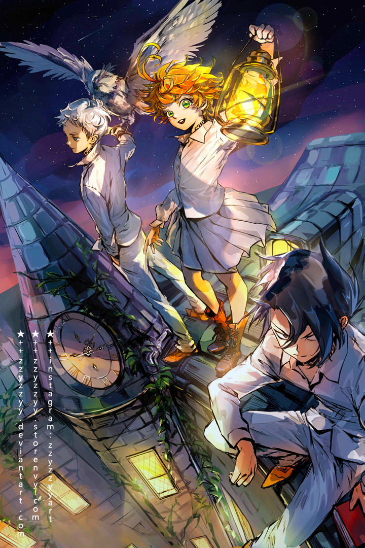 1girl 2boys :d ahoge animal animal_on_arm bangs bird bird_on_arm black_hair blue_skirt book boots brown_footwear building buttons clock closed_mouth collared_shirt commentary deviantart_username dress_shirt emma_(yakusoku_no_neverland) english_commentary green_eyes hair_between_eyes hand_in_pocket holding holding_lantern instagram_username lantern leather leather_boots lens_flare long_sleeves looking_at_viewer looking_to_the_side multiple_boys neck_tattoo night night_sky norman_(yakusoku_no_neverland) number number_tattoo on_roof open_mouth orange_hair outdoors owl pants plant pleated_skirt ray_(yakusoku_no_neverland) rooftop shirt shoelaces shoes shooting_star short_hair sitting skirt sky smile standing star_(sky) star_(symbol) starry_sky talons tattoo upper_teeth vines watermark web_address white_hair white_pants white_shirt window wings yakusoku_no_neverland zzyzzyy