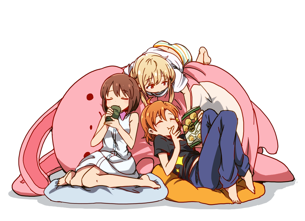 3girls ahoge bangs bare_shoulders barefoot bean_bag_chair blonde_hair bob_cut brown_eyes brown_hair chips closed_eyes closed_mouth dress drinking eating eyebrows_visible_through_hair food futaba_anzu green_tea hagiwara_yukiho hair_between_eyes hair_bobbles hair_ornament idolmaster idolmaster_(classic) idolmaster_cinderella_girls idolmaster_million_live! kidachi low_twintails multiple_girls no_legwear orange_hair potato_chips shiny shiny_hair shirt short_hair short_sleeves simple_background sitting sleeveless sleeveless_dress stuffed_animal stuffed_bunny stuffed_toy t-shirt tea twintails white_background white_dress yabuki_kana