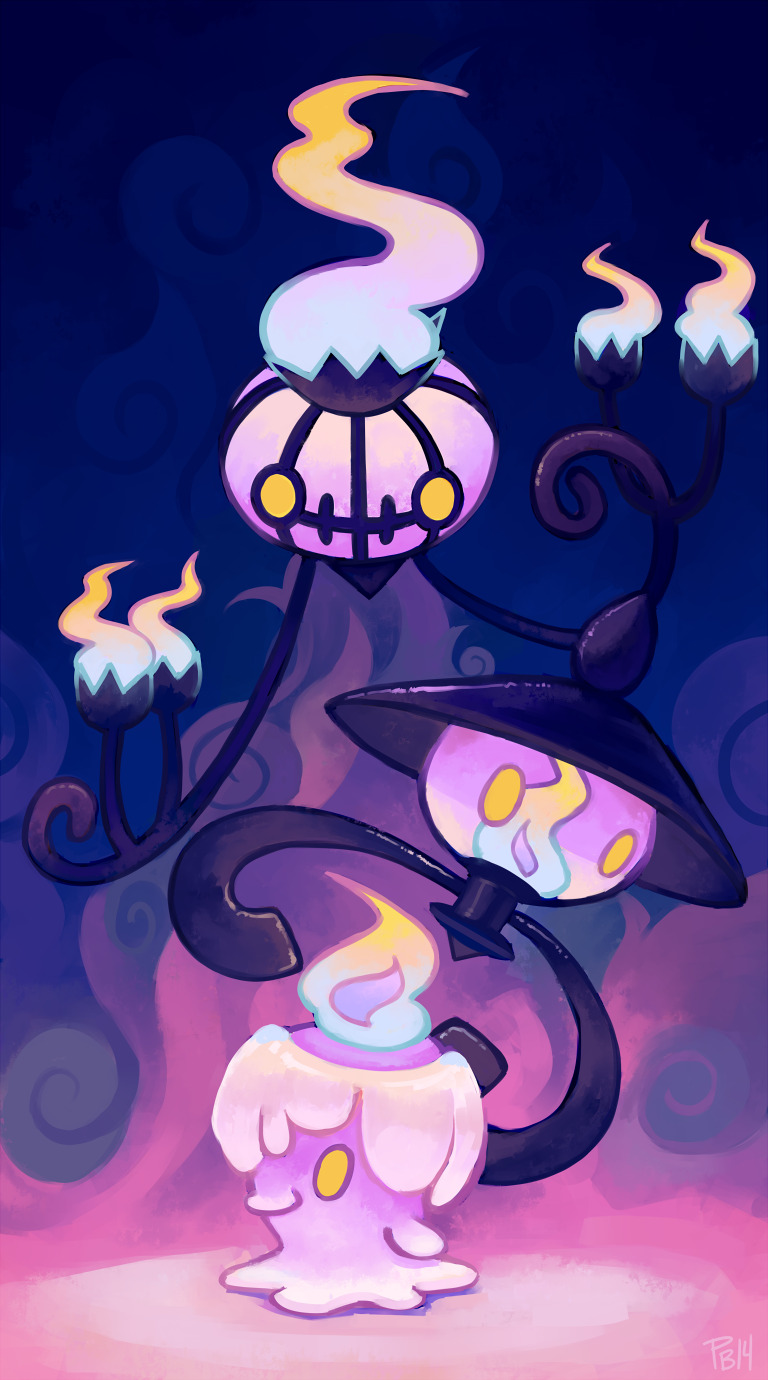 2014 chandelure commentary creature emiliefox english_commentary fire flame floating full_body gen_5_pokemon ghost highres lampent litwick looking_at_another no_humans pokemon pokemon_(creature) signature smile yellow_eyes