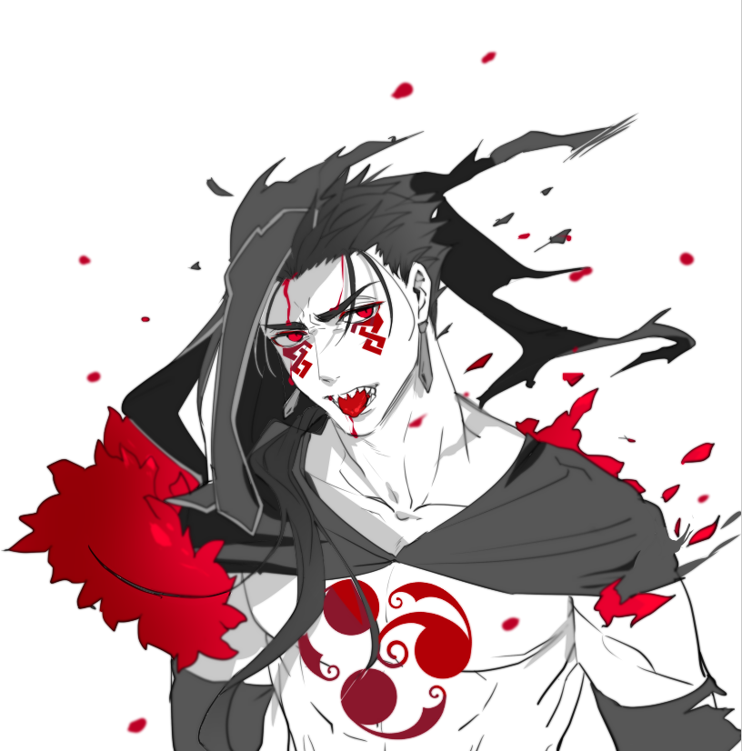 1boy angry blood blue_hair bodypaint cu_chulainn_(fate)_(all) cu_chulainn_alter_(fate/grand_order) dark_persona detached_hood earrings facepaint fate/grand_order fate_(series) jewelry long_hair looking_at_viewer male_focus muscle nozawa open_mouth ponytail red_eyes sharp_teeth shirtless slit_pupils solo spiky_hair teeth tongue tongue_out type-moon white_background