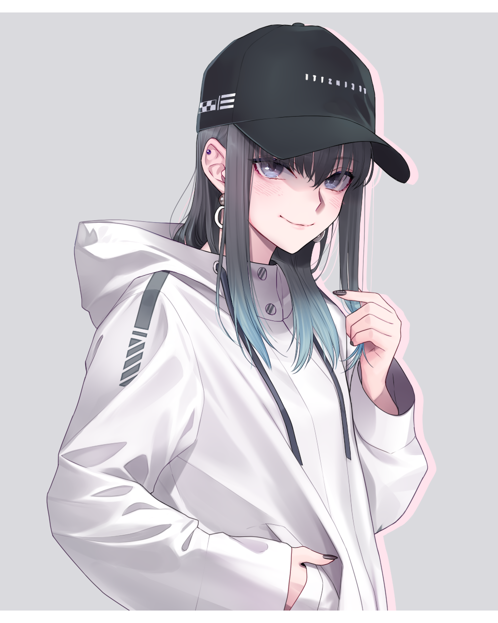 1girl bangs baseball_cap black_hair black_headwear black_nails blue_eyes blue_hair chimachi closed_mouth colored_shadow drawstring drop_shadow ear_piercing earrings eyebrows_visible_through_hair gradient_hair grey_background hair_between_eyes hand_in_pocket hand_up hat highres hood hood_down hooded_jacket jacket jewelry long_hair long_sleeves looking_at_viewer multicolored_hair nail_polish original piercing puffy_long_sleeves puffy_sleeves shadow simple_background smile solo upper_body white_jacket