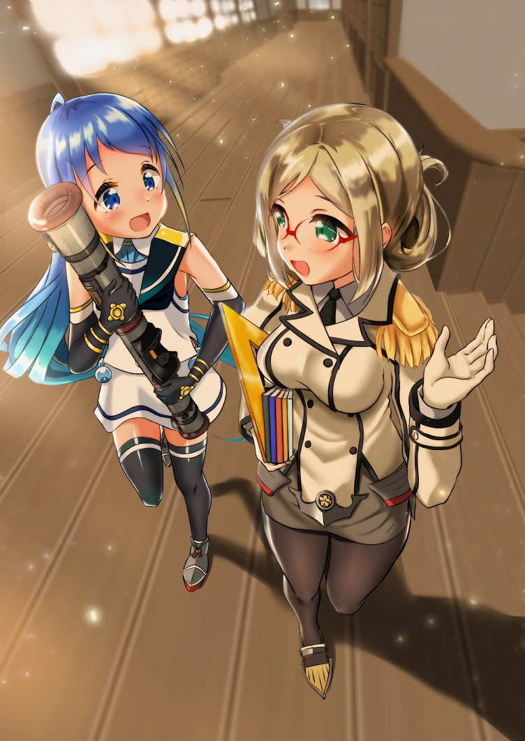2girls bangs black_skirt blonde_hair blue_eyes blue_gloves blue_hair blurry blurry_background blush breasts collared_shirt commentary_request commission double-breasted elbow_gloves epaulettes eyebrows_visible_through_hair folded_ponytail glasses gloves gradient_hair green_eyes hair_between_eyes high_heels holding indoors jacket kantai_collection katori_(kantai_collection) leg_up light_particles long_hair long_sleeves looking_at_another medium_breasts multicolored_hair multiple_girls necktie open_mouth pantyhose parted_bangs pencil_skirt range_finder sailor_collar samidare_(kantai_collection) shirt skirt sleeveless sleeveless_shirt swept_bangs thigh-highs very_long_hair walking white_gloves white_shirt white_skirt wooden_floor yokoshima_(euphoria) zettai_ryouiki