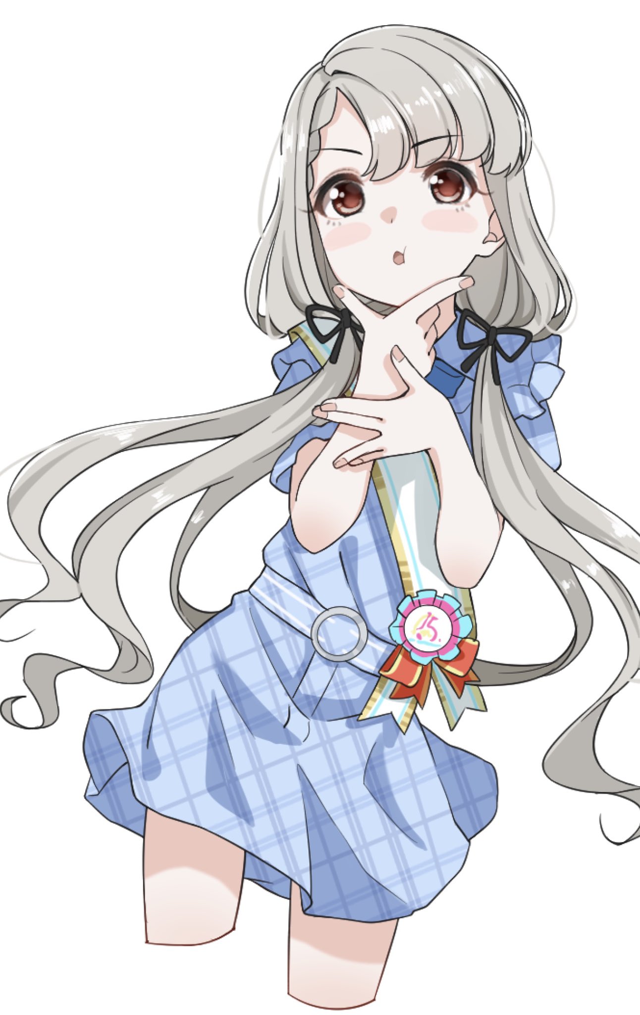 1girl bangs black_ribbon blue_dress blush_stickers braid braided_bangs brown_eyes commentary_request cropped_legs dress eyebrows_visible_through_hair grey_hair hair_over_shoulder hair_ribbon hand_on_own_chin hand_up highres hisakawa_nagi idolmaster idolmaster_cinderella_girls idolmaster_cinderella_girls_starlight_stage long_hair low_twintails nail_polish parted_lips pink_nails plaid plaid_dress puffy_short_sleeves puffy_sleeves ribbon shiwa_(siwaa0419) short_sleeves simple_background solo twintails very_long_hair white_background