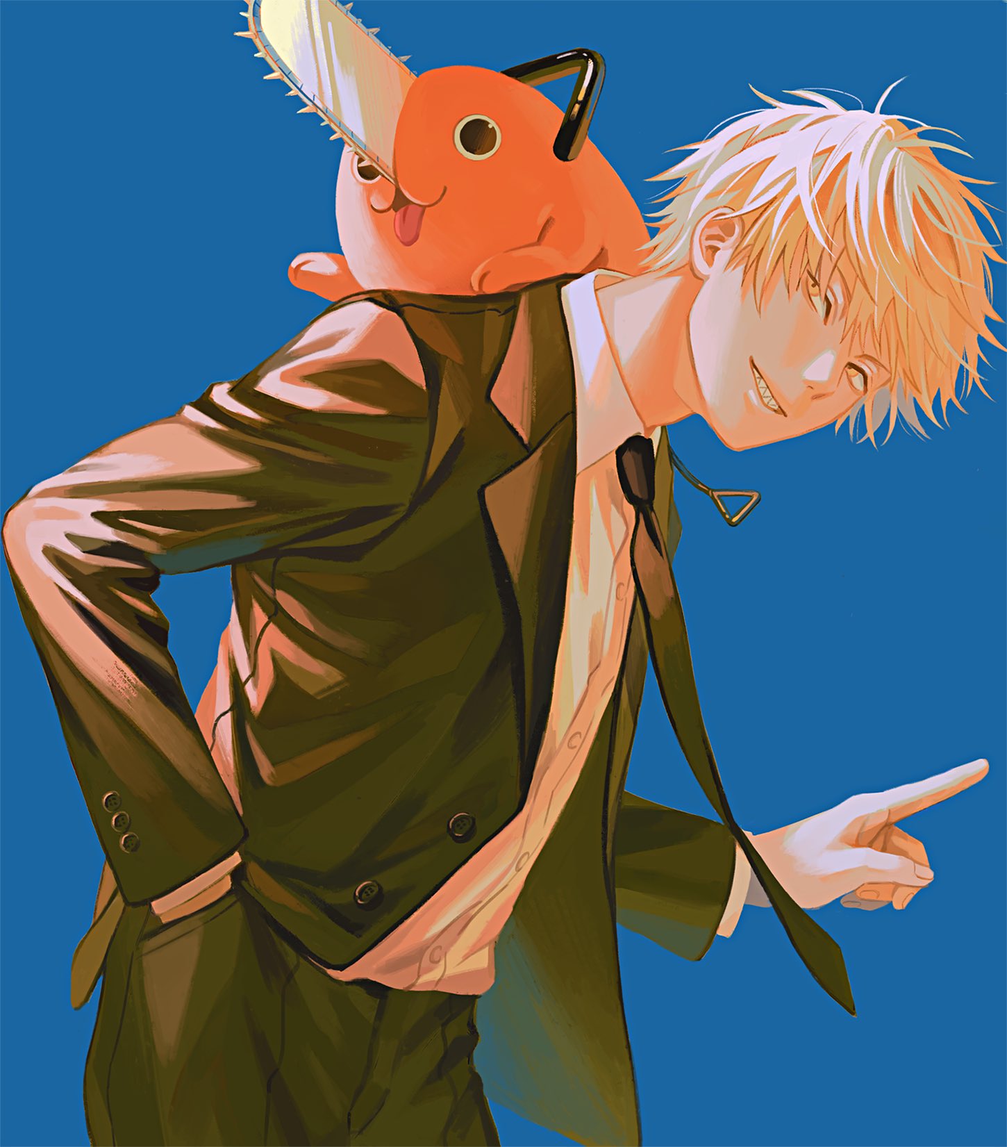1boy am88121 bangs blonde_hair blue_background buttons chainsaw chainsaw_man collared_shirt commentary_request denji_(chainsaw_man) dress_shirt formal green_jacket green_neckwear green_pants green_suit hand_in_pocket highres jacket long_sleeves looking_at_viewer male_focus necktie open_clothes open_jacket pants pochita_(chainsaw_man) sharp_teeth shirt shirt_tucked_in short_hair simple_background smile suit teeth tongue tongue_out white_shirt yellow_eyes