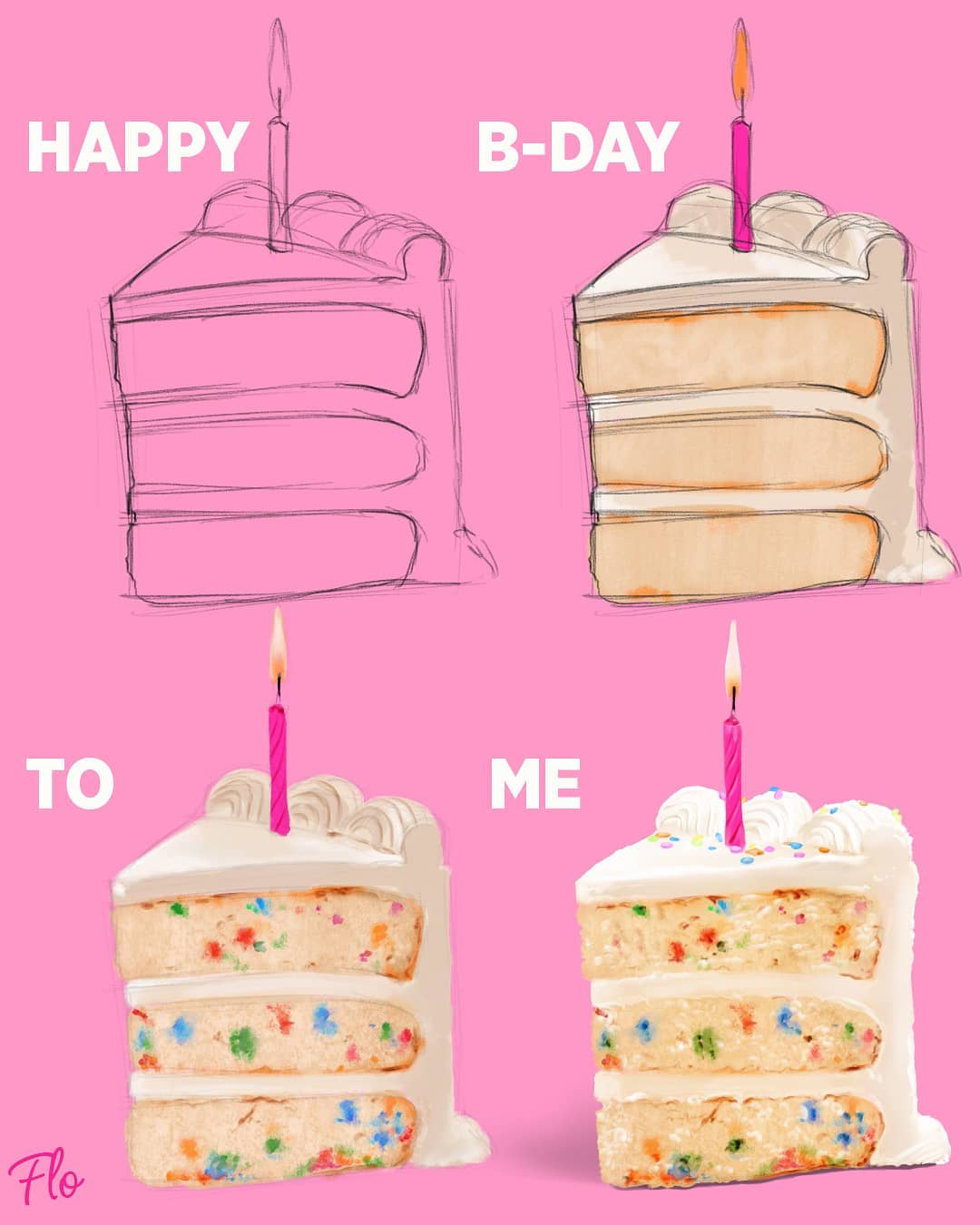 birthday_cake cake candle commentary english_commentary english_text fire flame floortjesart food happy_birthday highres how_to no_humans original pink_background realistic signature simple_background