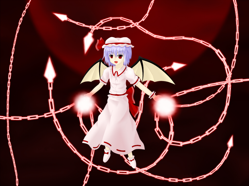 1girl bat_wings chain commentary_request dress hat light mob_cap moon night night_sky pink_dress puffy_short_sleeves puffy_sleeves purple_hair pzsumire red_moon remilia_scarlet short_sleeves sky solo spell_card touhou wings