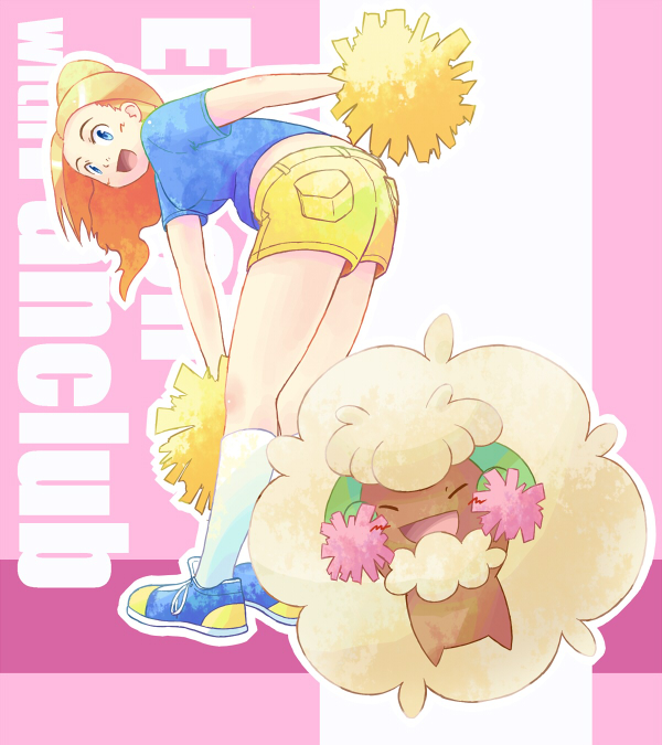 :d ^_^ backers_(pokemon) bent_over blonde_hair blue_shirt breasts character_name cheerleader closed_eyes commentary_request creature english_text facing_viewer gen_5_pokemon happy holding holding_pom_poms long_hair looking_at_viewer open_mouth pocket pokemon pokemon_(creature) pokemon_(game) pokemon_bw pom_poms shirt shoes short_shorts short_sleeves shorts small_breasts smile sneakers socks standing toge_nbo whimsicott white_legwear yellow_shorts