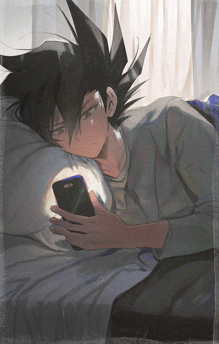 1boy aoki_(fumomo) bangs bed_sheet black_eyes black_hair cellphone closed_mouth eyebrows_visible_through_hair grey_shirt hair_between_eyes highres holding holding_phone long_hair long_sleeves lying male_focus manjoume_jun on_side phone pillow shirt smartphone solo spiky_hair under_covers upper_body yu-gi-oh! yu-gi-oh!_gx