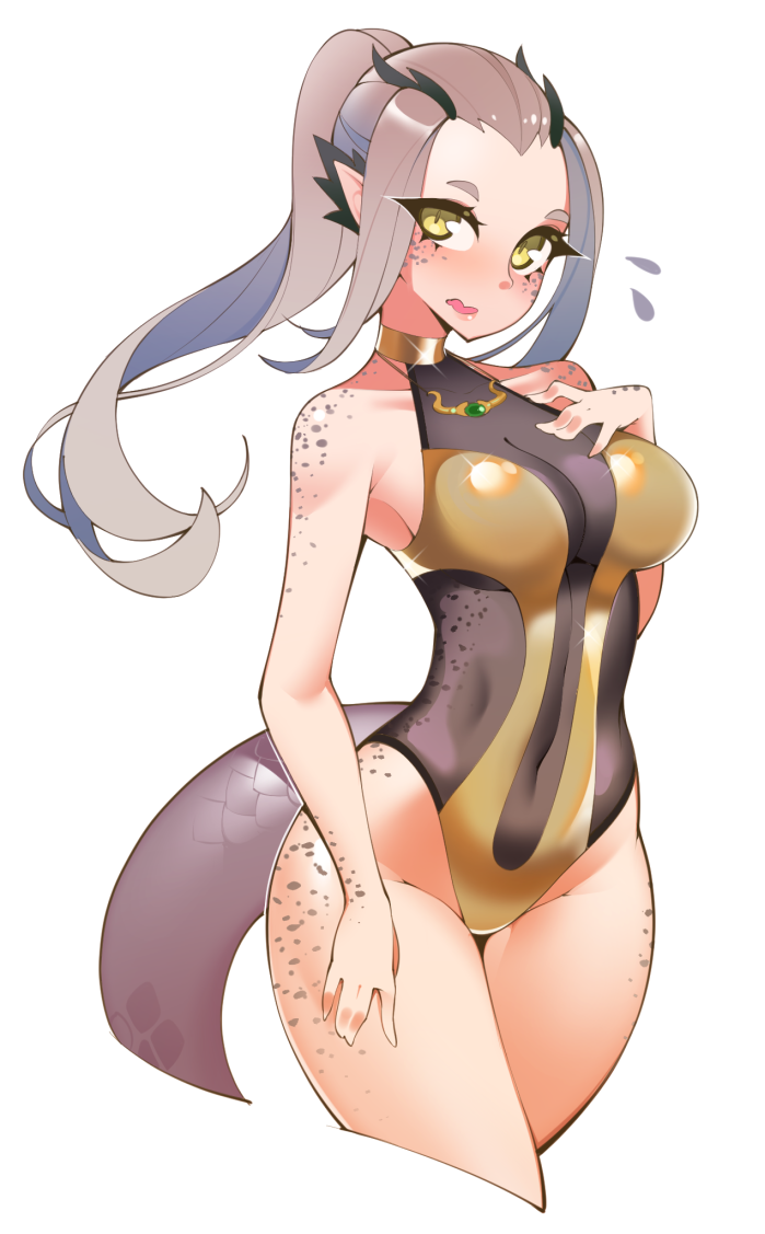 1girl blush body_freckles commentary commission covered_navel cropped_legs d: english_commentary flying_sweatdrops freckles grey_hair grey_swimsuit halphelt hand_up horns looking_at_viewer one-piece_swimsuit open_mouth original pointy_ears ponytail simple_background solo standing swimsuit tail white_background yellow_eyes