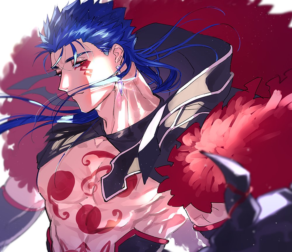1boy abs alternate_hairstyle blue_hair bodypaint closed_mouth cu_chulainn_(fate)_(all) cu_chulainn_alter_(fate/grand_order) dark_persona earrings facepaint fate/grand_order fate_(series) fur hair_down hood hood_down jewelry long_hair looking_back male_focus muscle nipples red_eyes shiny shirtless simple_background skin_tight smile solo spikes spiky_hair type-moon uni_(nico02) white_background