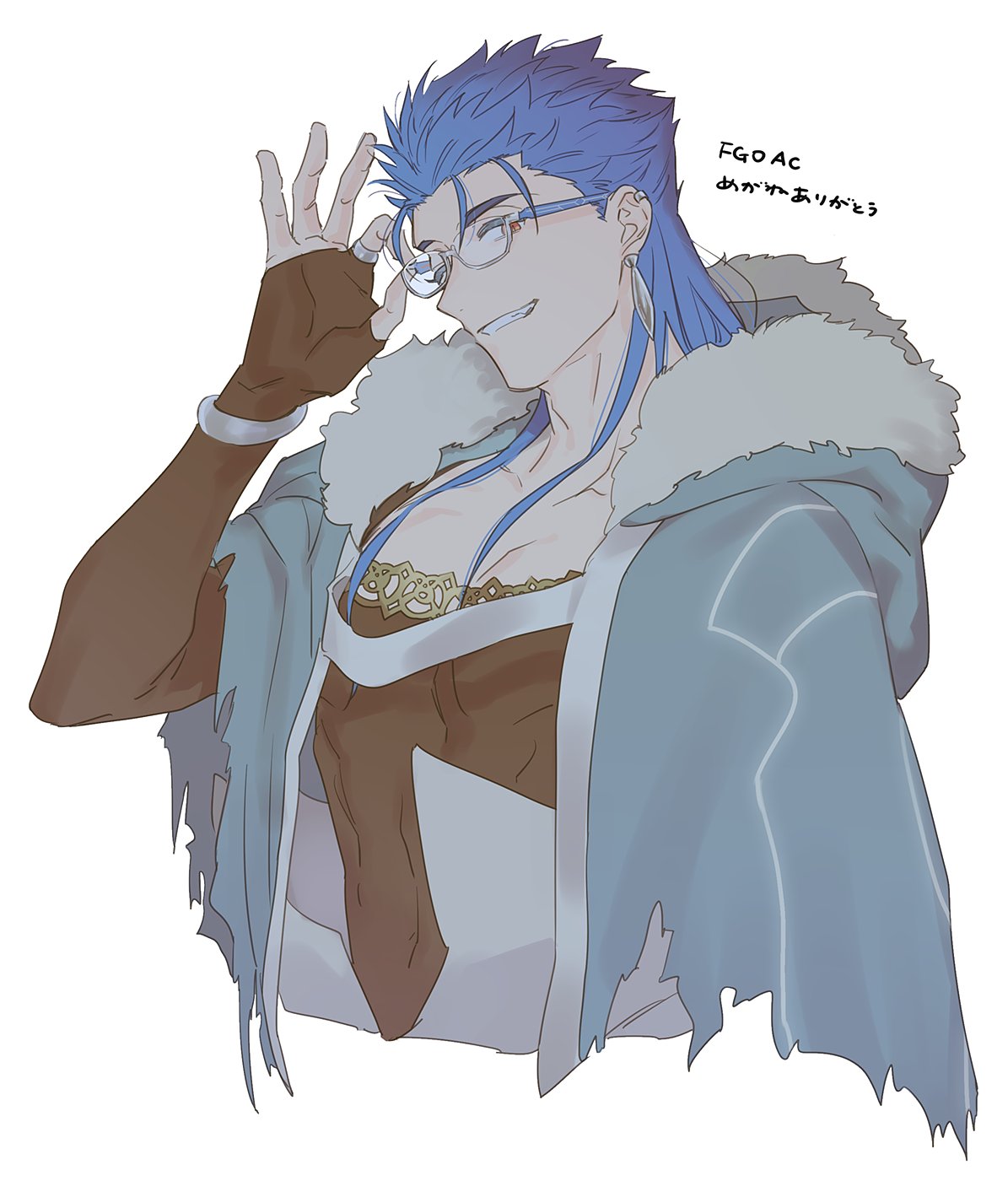 1boy adjusting_eyewear blue_hair bracelet capelet closed_mouth cu_chulainn_(fate)_(all) cu_chulainn_(fate/grand_order) earrings fate/grand_order fate_(series) fur-trimmed_hood fur_trim glasses grin highres hood hood_down hooded_capelet jewelry long_hair looking_at_viewer male_focus muscle red_eyes simple_background skin_tight smile solo spiky_hair type-moon uni_(nico02) white_background