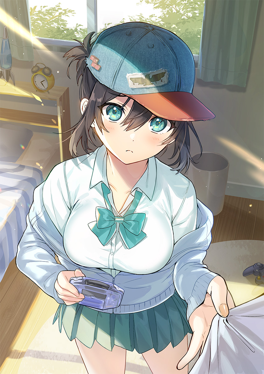 1girl alarm_clock baseball_cap bed blush bow bowtie breasts brown_hair cardigan clock collared_shirt curtains frown game_boy_advance game_console gamecube green_eyes green_neckwear green_skirt handheld_game_console hat highres indoors large_breasts looking_at_viewer medium_hair original pleated_skirt ponytail school_uniform shirt skirt solo standing sunlight tan_(tangent) uniform white_shirt window