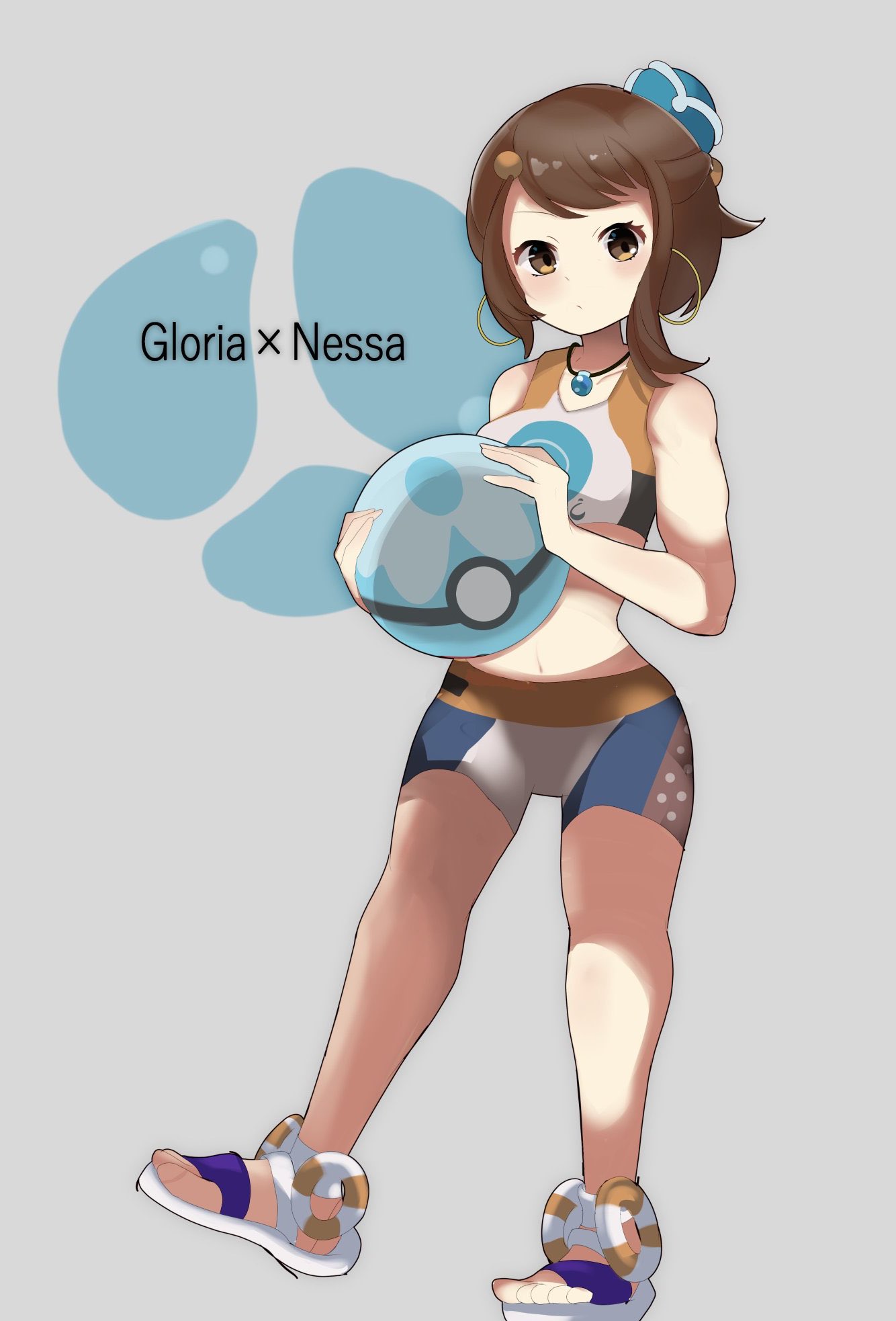 1girl bangs bare_arms bike_shorts blush brown_eyes brown_hair character_name commentary_request cosplay dive_ball earrings eyelashes full_body gloria_(pokemon) hair_bun highres holding holding_poke_ball hoop_earrings jewelry looking_at_viewer navel necklace nessa_(pokemon) nessa_(pokemon)_(cosplay) poke_ball pokemon pokemon_(game) pokemon_swsh sandals solo standing toes umiru