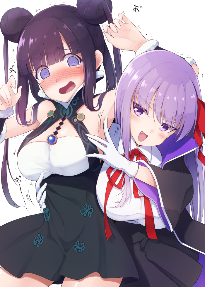 2girls bangs bare_shoulders bb_(fate)_(all) bb_(fate/extra_ccc) black_coat black_dress blue_eyes blush breasts china_dress chinese_clothes coat double_bun dress fate/extra fate/extra_ccc fate/grand_order fate_(series) gloves hair_ornament hair_ribbon high-waist_skirt kurikara large_breasts leotard long_hair long_sleeves multiple_girls neck_ribbon open_clothes open_coat open_mouth popped_collar purple_hair red_ribbon ribbon sidelocks skirt smile thighs tickling twintails very_long_hair violet_eyes white_gloves white_leotard yang_guifei_(fate/grand_order)