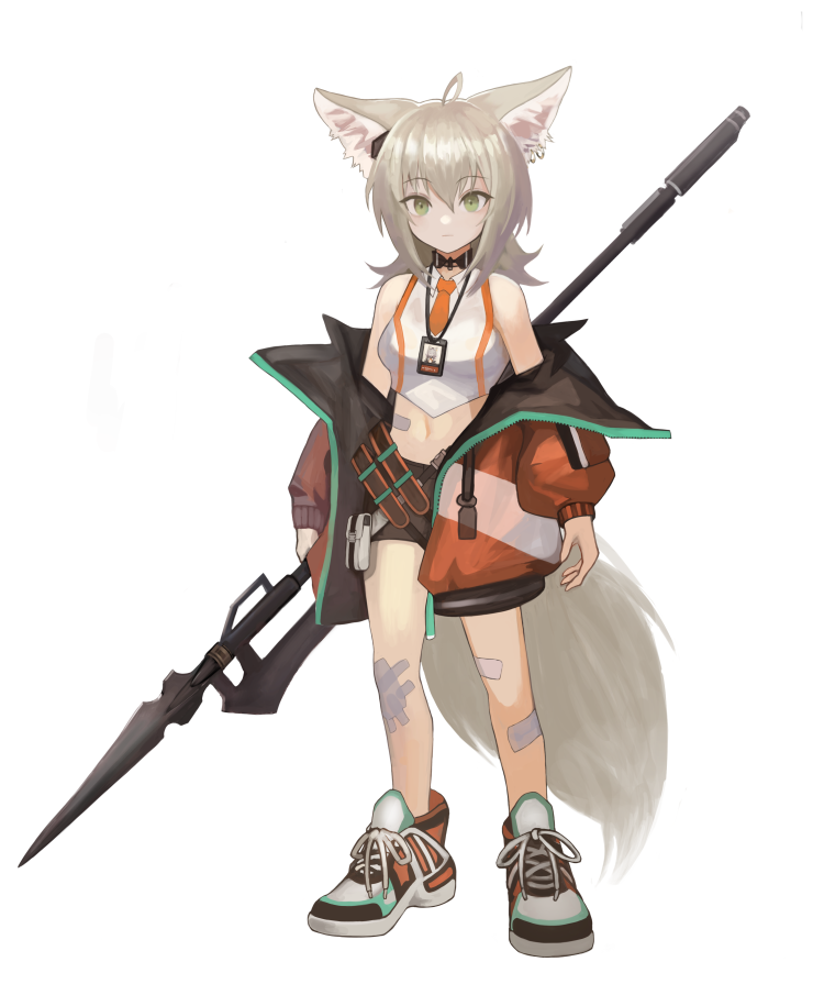 1girl ahoge akira_(aristole) animal_ears bandaid bandaid_on_knee bare_shoulders belt belt_pouch black_choker black_shorts breasts choker collared_shirt crop_top fox_ears fox_girl fox_tail full_body green_eyes halberd holding holding_weapon id_card jacket lanyard long_hair long_sleeves looking_at_viewer midriff navel necktie no_socks off_shoulder open_clothes open_jacket orange_jacket original polearm pouch shirt shoes short_necktie short_shorts shorts silver_hair simple_background sleeveless sleeveless_shirt small_breasts sneakers solo standing stomach tail thighs weapon white_background white_shirt