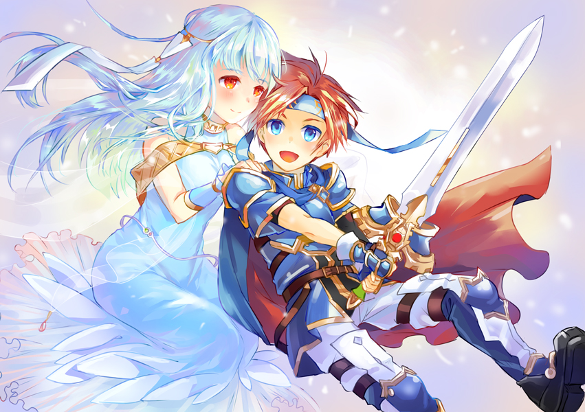 1boy 1girl armor blue_dress blue_eyes blue_hair boots cape dress fire_emblem fire_emblem:_the_binding_blade fire_emblem:_the_blazing_blade hair_ornament headband long_hair looking_at_another looking_at_viewer mother_and_son ninian_(fire_emblem) red_eyes redhead roy_(fire_emblem) sword unigon_(kitsutsuki) weapon