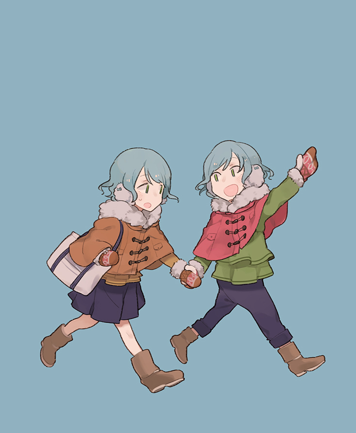 2girls :d :o bag bang_dream! bangs black_pants black_skirt blue_background blue_eyes blue_hair boots brown_footwear child commentary cropped_jacket earmuffs full_body fur-trimmed_jacket fur_trim glider_(artist) green_shirt hikawa_hina hikawa_sayo holding holding_bag holding_hands jacket looking_at_another mittens multiple_girls open_mouth pants pleated_skirt pointing shirt short_hair siblings sidelocks simple_background sisters skirt smile sweatdrop twins yellow_shirt younger