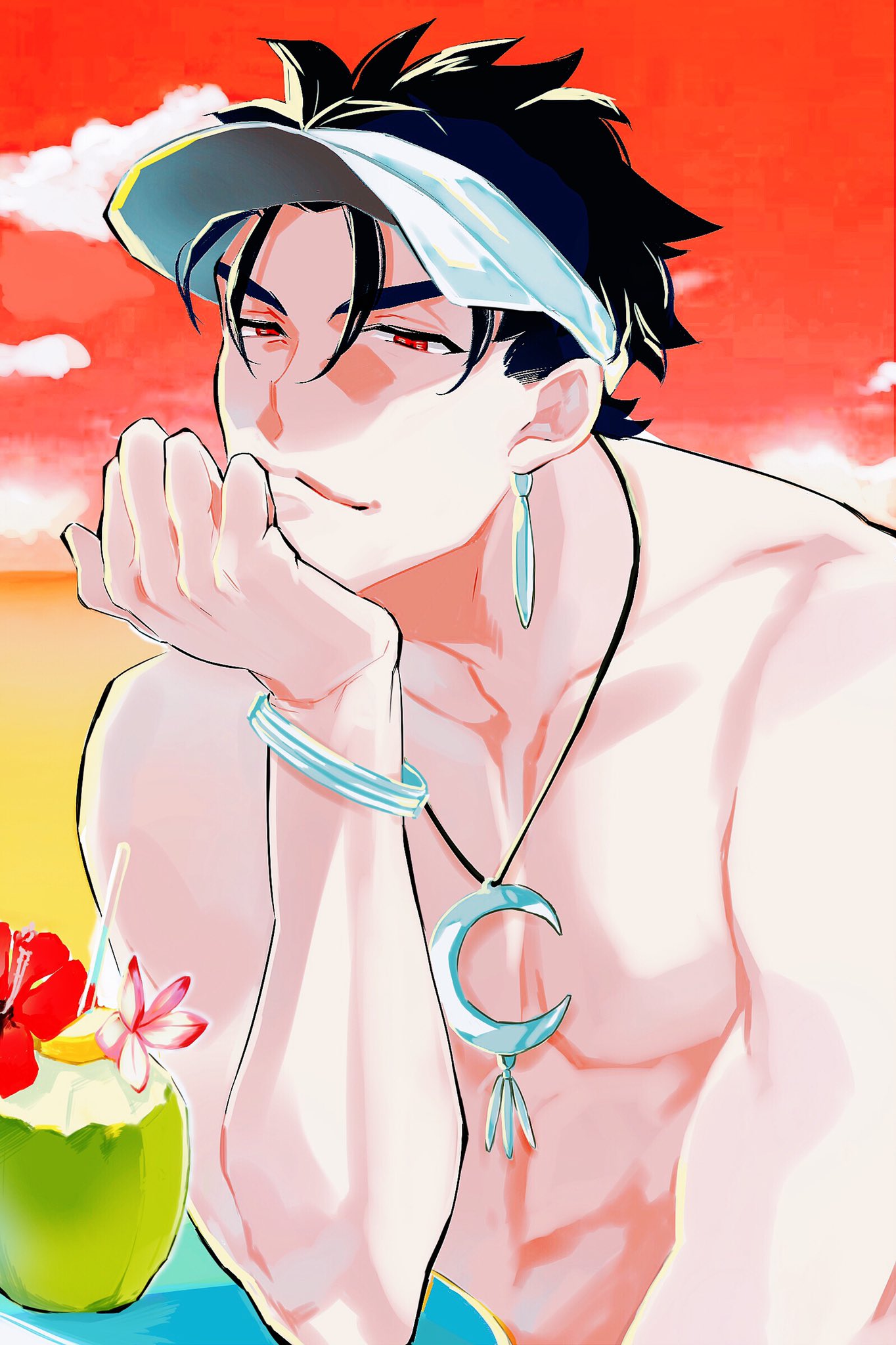 1boy bracelet closed_mouth clouds coconut crescent_necklace cu_chulainn_(fate)_(all) dark_blue_hair drinking_straw earrings fate/grand_order fate/stay_night fate_(series) flower head_rest hibiscus highres jewelry kiyo_ooom lancer looking_down male_focus muscle outdoors red_eyes shirtless short_hair sky smile solo spiky_hair sunset type-moon visor_cap