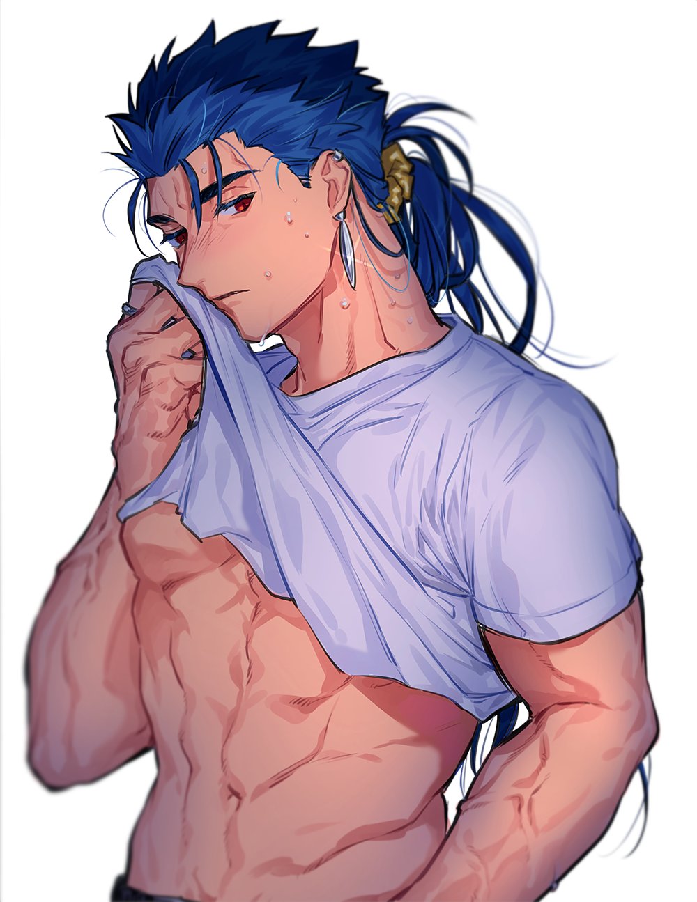 1boy abs alternate_costume alternate_hairstyle biceps blue_hair blush cu_chulainn_(fate)_(all) earrings fang fate/stay_night fate_(series) highres jewelry lancer long_hair male_focus messy_hair multiple_piercings muscle navel pectorals red_eyes scrunchie shirt shirt_lift simple_background slit_pupils solo spiky_hair sweat t-shirt type-moon uni_(nico02) veins white_background yellow_scrunchie