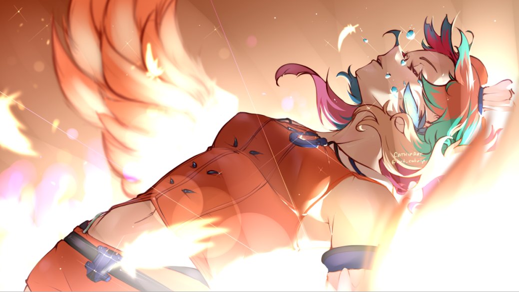 1girl aqua_hair art_catnip bird_wings breasts chef_hat closed_eyes commentary detached_sleeves droplet english_commentary feathers hat hololive hololive_english light medium_breasts medium_hair midriff mini_hat miniskirt multicolored_hair navel orange_hair orange_skirt orange_vest parted_lips purple_hair signature skirt skirt_set solo takanashi_kiara twitter_username vest virtual_youtuber white_headwear wings