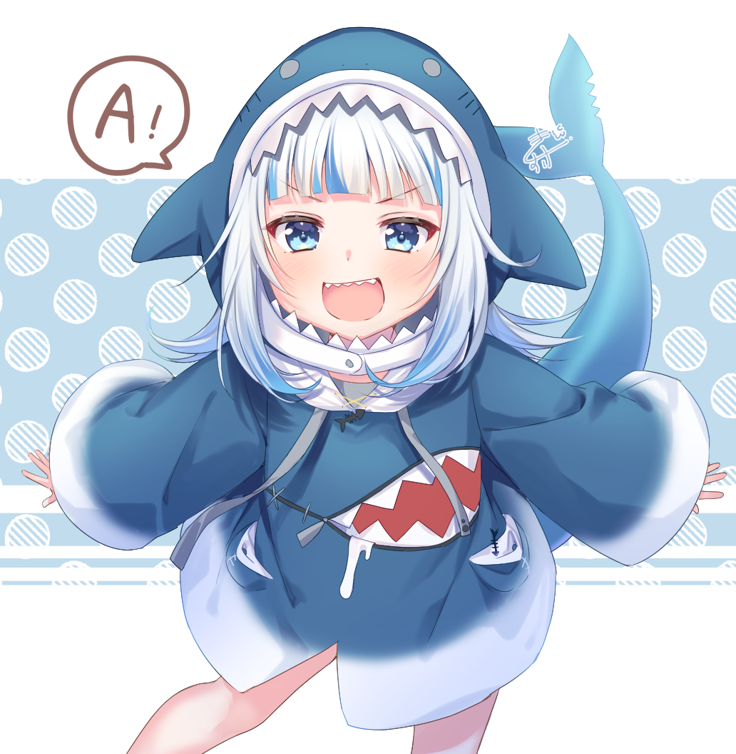 1girl :d animal_hood bangs blue_eyes blue_hair blunt_bangs blush commentary_request eyebrows_visible_through_hair feet_out_of_frame fish_bone fish_tail gao gawr_gura gradient_clothes hololive hololive_english hood hoodie kisukekun leaning_forward long_sleeves looking_at_viewer medium_hair multicolored_hair open_mouth pocket shark shark_hood shark_tail sharp_teeth sidelocks silver_hair simple_background sleeves_past_wrists smile solo spoken_letter standing streaked_hair tail teeth two-tone_background v-shaped_eyebrows virtual_youtuber wide_sleeves