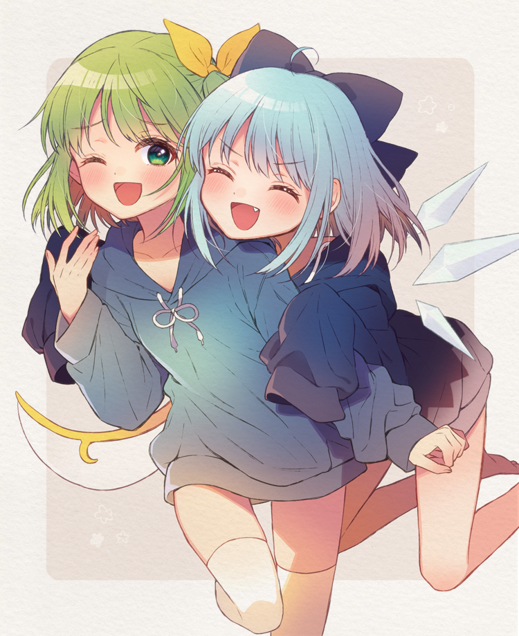 2girls :d alternate_costume arm_up black_hoodie blue_hair blue_hoodie blush cirno closed_eyes collarbone commission daiyousei fairy_wings fang flat_chest folded_leg foot_out_of_frame green_eyes grey_background hair_ribbon hood hood_down hoodie hug hug_from_behind jewelry kneeling looking_at_viewer multiple_girls no_pants one_eye_closed one_side_up open_mouth retota ribbon simple_background skeb_commission sleeves_past_fingers sleeves_past_wrists smile thigh-highs touhou white_legwear wings