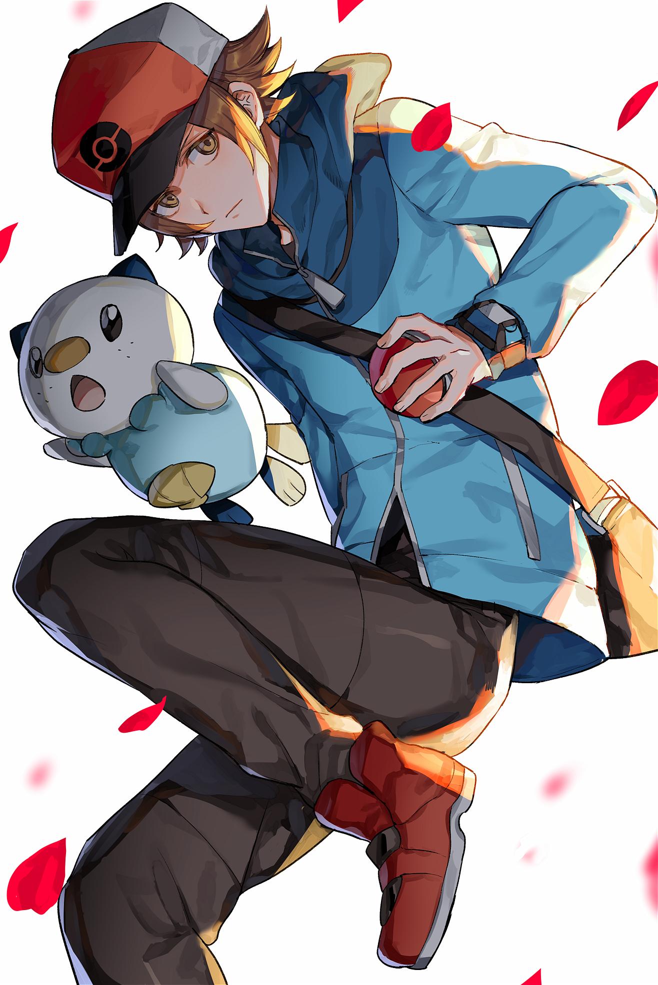 1boy bag baseball_cap blue_jacket brown_eyes brown_hair closed_mouth commentary_request gen_5_pokemon hat highres hilbert_(pokemon) holding holding_poke_ball jacket leg_up male_focus orange_bag oshawott pants petals poke_ball pokemon pokemon_(creature) pokemon_(game) pokemon_bw shoes short_hair shoulder_bag sideways_glance starter_pokemon suusuke white_background zipper zipper_pull_tab