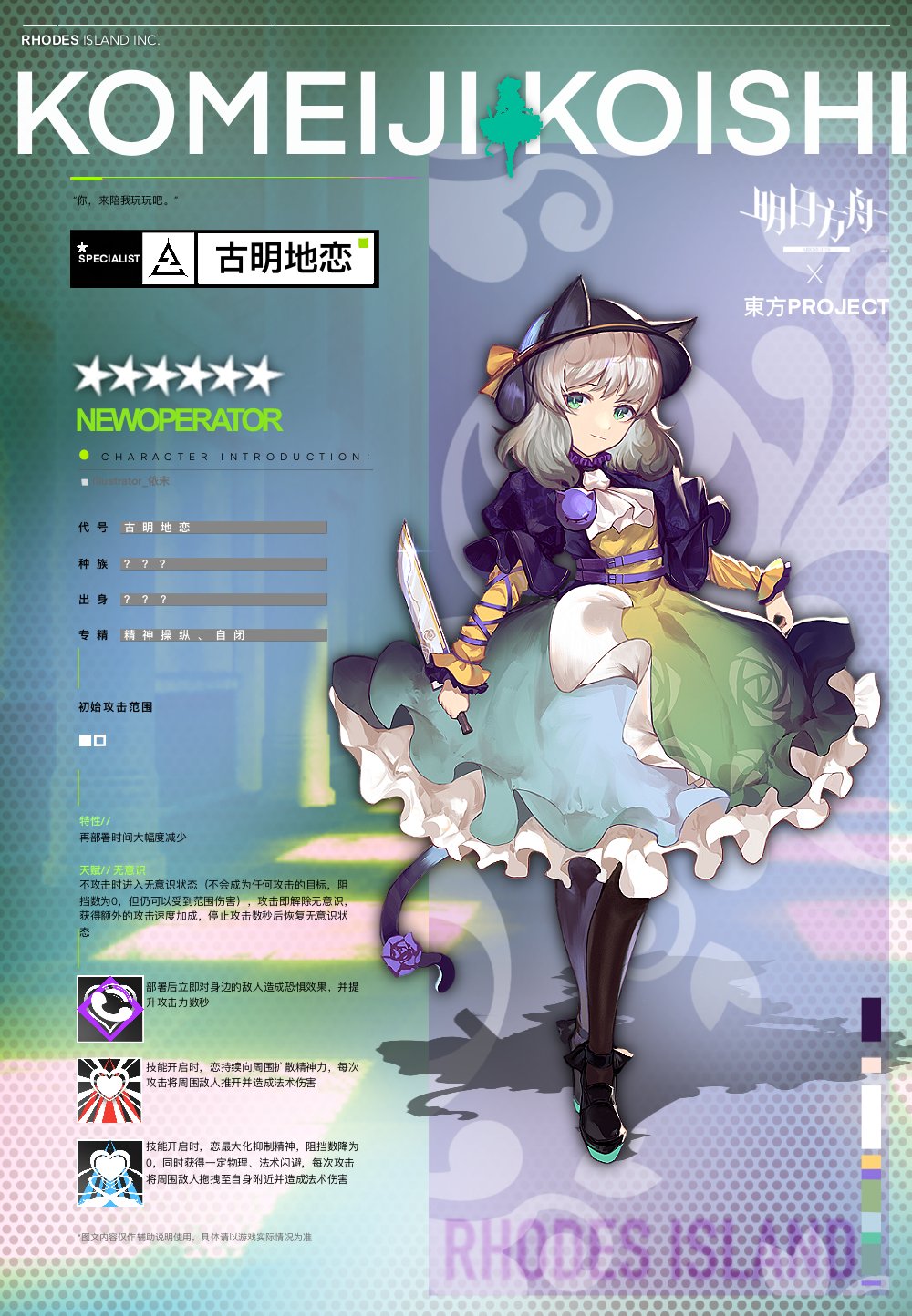 1girl adapted_costume animal_ears arknights cat_ears cat_tail crossover dagger green_eyes highres kemonomimi_mode komeiji_koishi solo tail touhou wb_yimo weapon white_hair