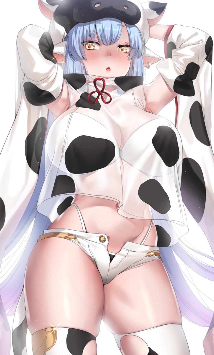 1girl animal_ears animal_print armpits arms_behind_head arms_up bangs bare_shoulders bikini blue_hair blush breasts cow_ears cow_girl cow_hat cow_horns cow_print deras detached_sleeves draph ear_piercing granblue_fantasy hat highleg highleg_bikini highres horns large_breasts long_hair looking_at_viewer micro_shorts navel open_mouth piercing pointy_ears shatola_(granblue_fantasy) sheer_clothes short_shorts shorts swimsuit thigh-highs thighs white_bikini white_shorts wide_sleeves yellow_eyes