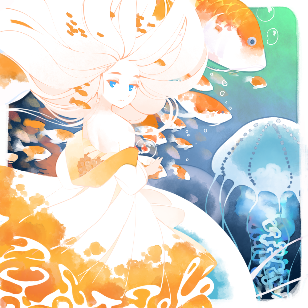1girl air_bubble blue_background blue_eyes bubble closed_mouth colored_skin commentary_request dress fish floating_hair from_side halphelt jellyfish koi long_dress long_hair looking_at_viewer looking_to_the_side orange_dress original solo strapless strapless_dress underwater white_hair white_skin