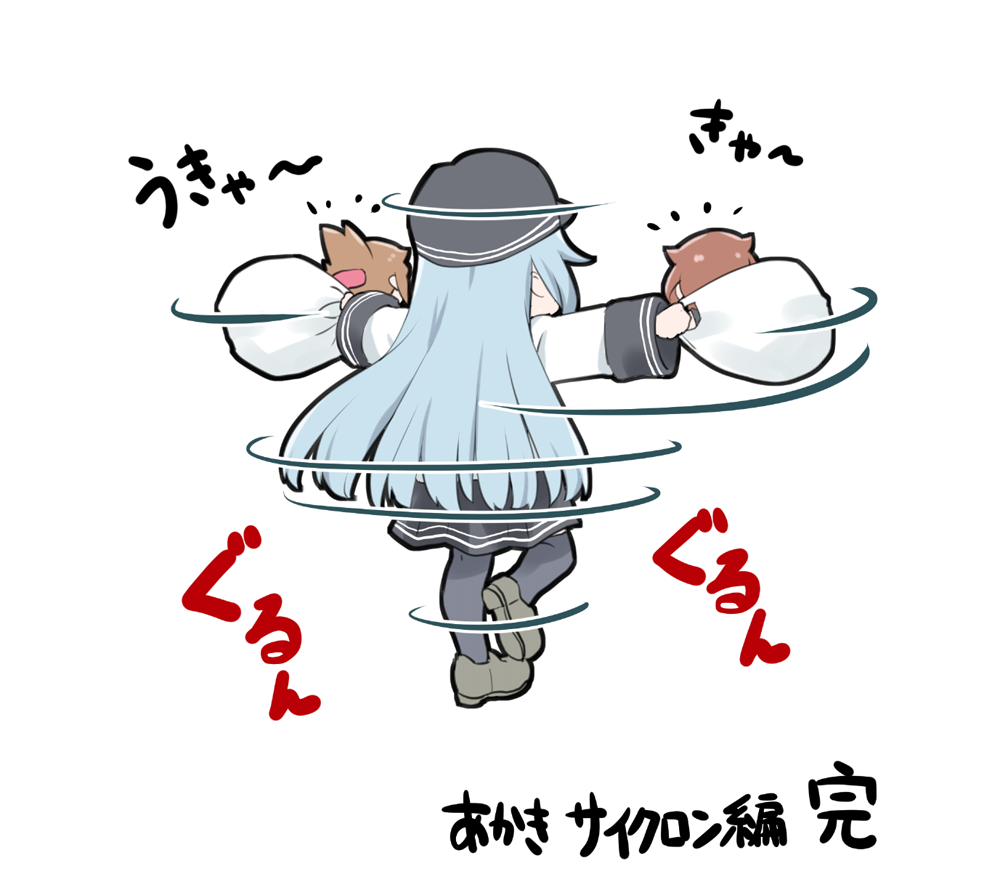 anchor_symbol baby bag black_legwear black_sailor_collar black_skirt bottle brown_hair cowboy_shot flat_cap food from_behind gale_kawaii hat hibiki_(kantai_collection) ikazuchi_(kantai_collection) inazuma_(kantai_collection) kantai_collection long_hair onigiri plastic_bag pleated_skirt sailor_collar school_uniform serafuku short_hair silver_hair skirt thigh-highs translation_request younger