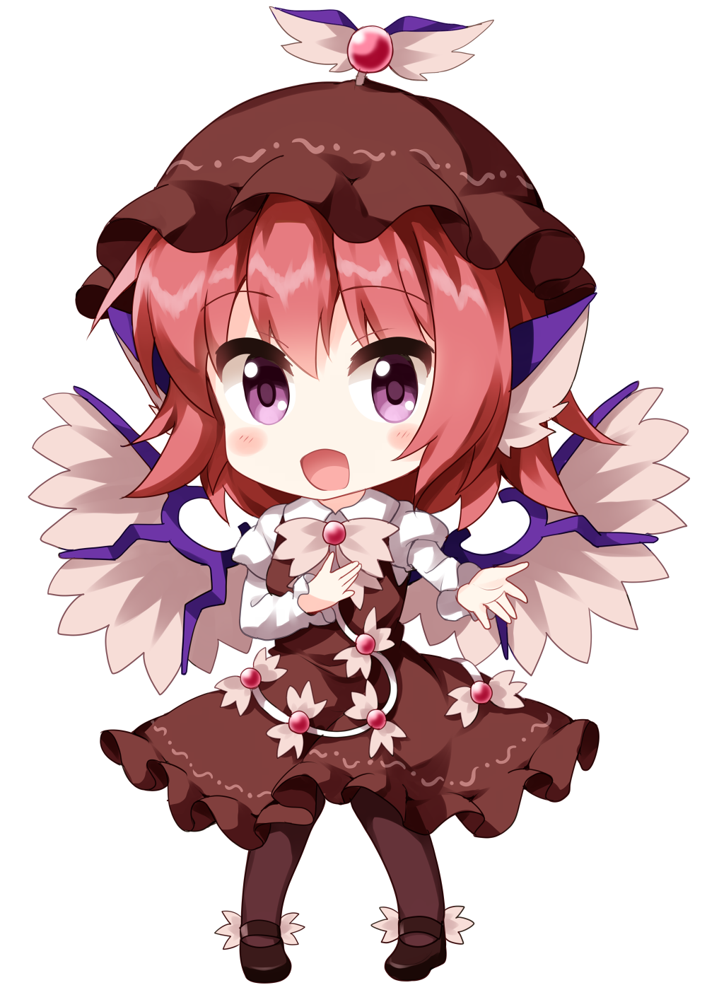 1girl animal_ears bangs bird_ears bird_wings black_footwear brown_headwear brown_legwear chibi eyebrows_visible_through_hair full_body hand_on_own_chest hat highres juliet_sleeves long_sleeves looking_at_viewer medium_hair mob_cap mystia_lorelei open_mouth pink_hair puffy_sleeves ruu_(tksymkw) simple_background smile solo standing thigh-highs touhou violet_eyes white_background winged_hat wings