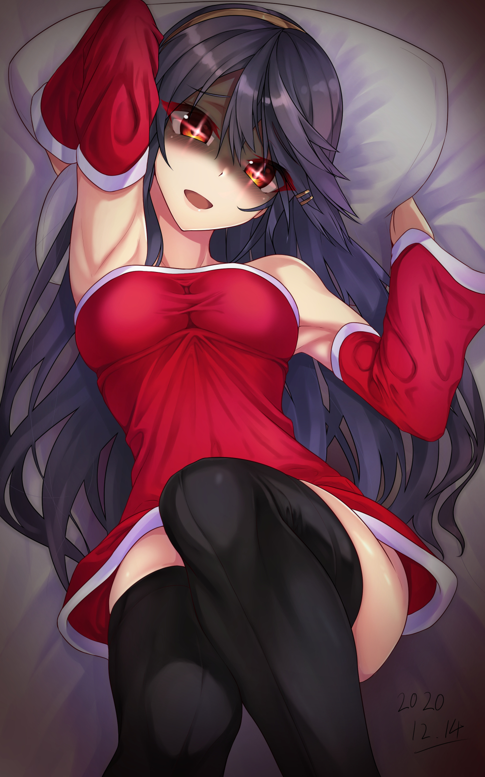 1girl :d alternate_costume armpits arms_up bangs bare_shoulders bed_sheet black_hair black_legwear blush breasts brown_hairband carmine_(ucdio) dated detached_sleeves dress eyebrows_visible_through_hair glowing glowing_eyes hair_ornament hairband hairclip haruna_(kantai_collection) head_tilt highres kantai_collection legs_up lens_flare long_hair long_sleeves looking_at_viewer lying medium_breasts on_back on_bed open_mouth pillow red_dress red_eyes santa_costume shaded_face sheet_grab short_dress smile solo thigh-highs very_long_hair yandere