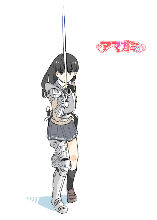 1girl amagami armor asymmetrical_armor ayatsuji_tsukasa bangs basket_hilt black_hair black_legwear blunt_bangs breastplate commentary copyright_name eyebrows_visible_through_hair fighting_stance gauntlets jibakurei_(elite_unchi) long_hair looking_at_viewer miniskirt pleated_skirt scabbard sheath single_greave single_pauldron skirt solo standing sword weapon