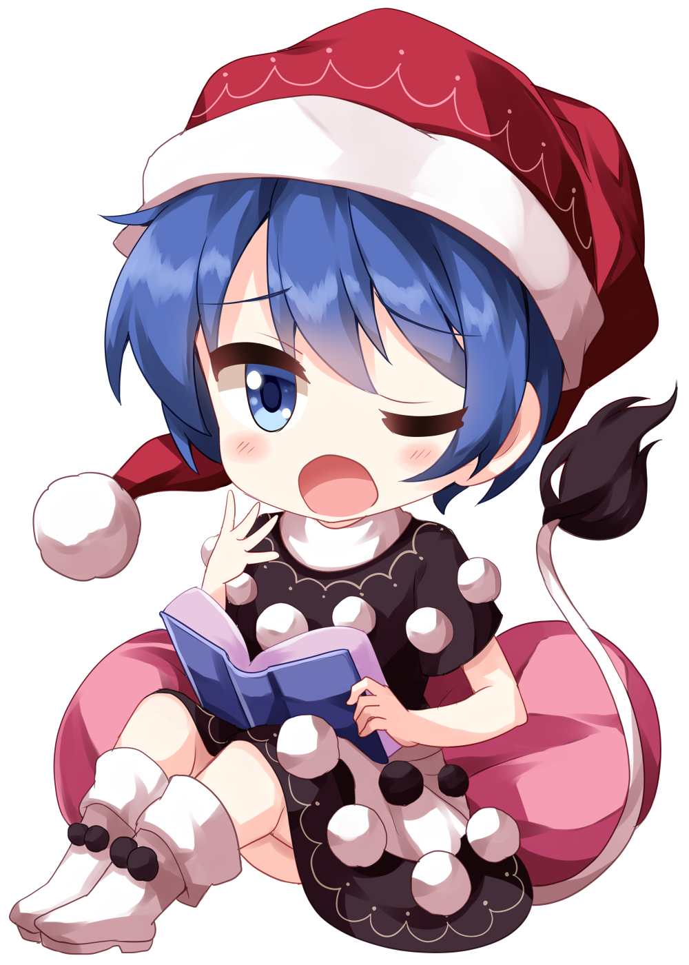 1girl ;o bangs black_dress blue_eyes blue_hair book boots chibi doremy_sweet dress eyebrows_visible_through_hair full_body hat highres holding holding_book looking_at_viewer multicolored multicolored_clothes multicolored_dress nightcap one_eye_closed open_book open_mouth pom_pom_(clothes) red_headwear ruu_(tksymkw) short_hair simple_background sitting solo tail tapir_tail touhou two-tone_dress white_background white_dress white_footwear yawning