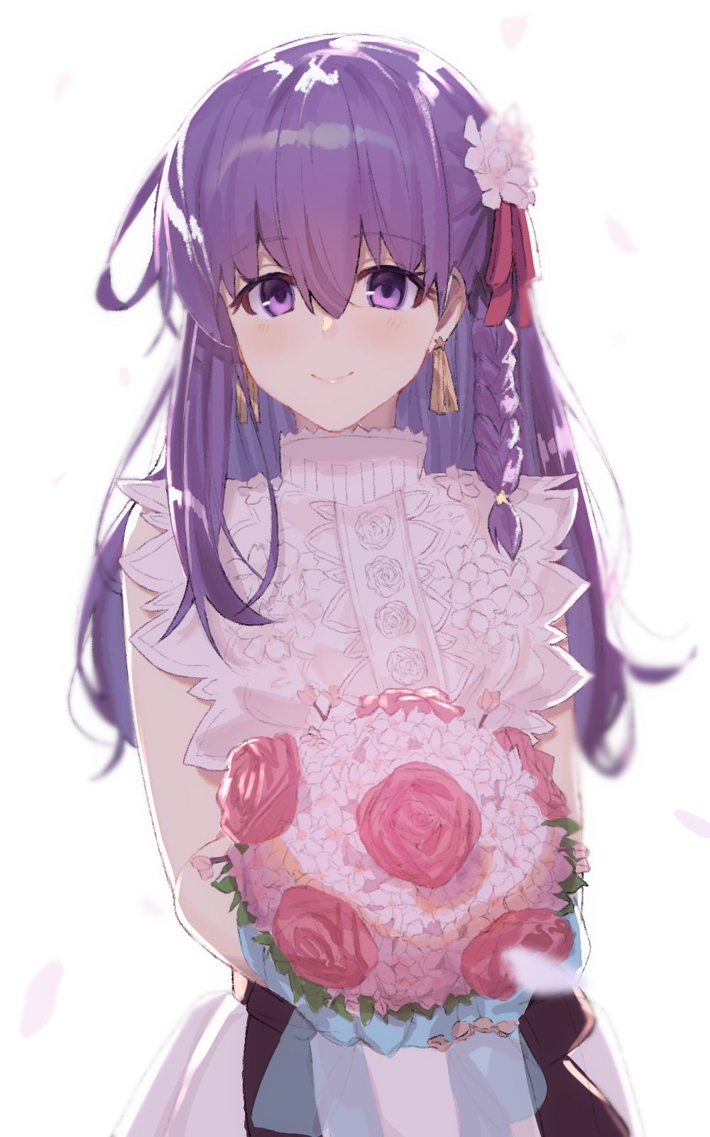 1girl bangs blush bouquet breasts chip_le_cree dress earrings fate/stay_night fate_(series) flower hair_ribbon highres jewelry large_breasts long_hair looking_at_viewer matou_sakura petals purple_hair ribbon simple_background smile violet_eyes white_background white_dress