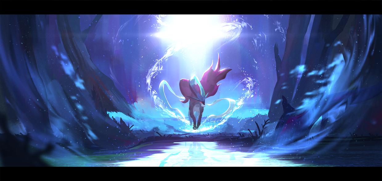 commentary_request forest gen_2_pokemon glowing glowing_eyes grass legendary_pokemon letterboxed looking_at_viewer nature night no_humans otsumami_(bu-bu-heaven) outdoors pokemon pokemon_(creature) red_eyes reflection standing suicune tree water