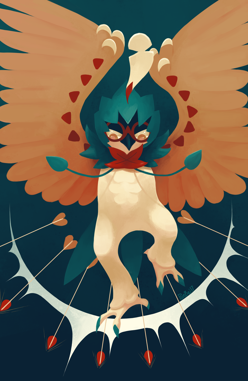 arrow_(projectile) bird brown_eyes claws commentary creature decidueye emiliefox english_commentary flying full_body gen_7_pokemon highres looking_down no_humans pokemon pokemon_(creature) solo