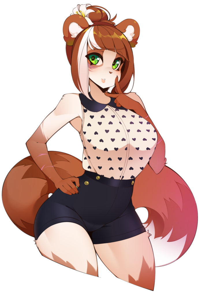 1girl animal_ears bangs black_shorts blunt_bangs breasts brown_fur brown_hair colored_skin commentary commission cowboy_shot cropped_legs english_commentary furry green_eyes hair_bun halphelt hand_on_hip heart heart_print high-waist_shorts large_breasts looking_at_viewer multicolored_fur multicolored_hair original ringed_eyes short_shorts shorts simple_background smile solo streaked_hair tail two-tone_fur two-tone_hair white_background white_fur white_hair white_skin