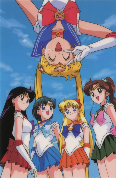 1990s_(style) aino_minako bangs bishoujo_senshi_sailor_moon black_hair blonde_hair blue_hair blue_skirt bow brown_hair closed_eyes crescent crescent_earrings day earrings elbow_gloves gloves green_skirt hair_bobbles hair_ornament high_ponytail hino_rei inner_senshi jewelry kino_makoto leotard long_hair magical_girl mizuno_ami official_art open_mouth orange_skirt pleated_skirt red_skirt sailor_collar sailor_senshi short_hair skirt sky smile star_(symbol) star_earrings tiara tsukino_usagi twintails upside-down v very_long_hair