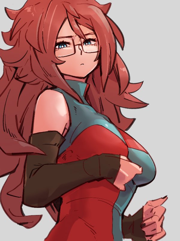 1girl android_21 blue_eyes breasts checkered checkered_dress closed_mouth dragon_ball dragon_ball_fighterz dress glasses grey_background kemachiku large_breasts looking_at_viewer redhead simple_background solo