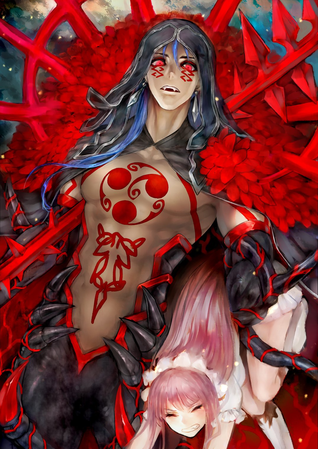 1boy 1girl blue_hair bodypaint cape carrying_under_arm closed_eyes com_(akubi) cu_chulainn_(fate)_(all) cu_chulainn_alter_(fate/grand_order) dark_blue_hair dark_persona detached_hood earrings facepaint fangs fate/grand_order fate_(series) fur-trimmed_cape fur_trim gae_bolg highres hood hood_up jewelry long_hair looking_at_viewer male_focus medb_(fate)_(all) medb_(fate/grand_order) monster_boy muscle pants pink_hair ponytail red_eyes shirtless skin_tight spikes tiara type-moon