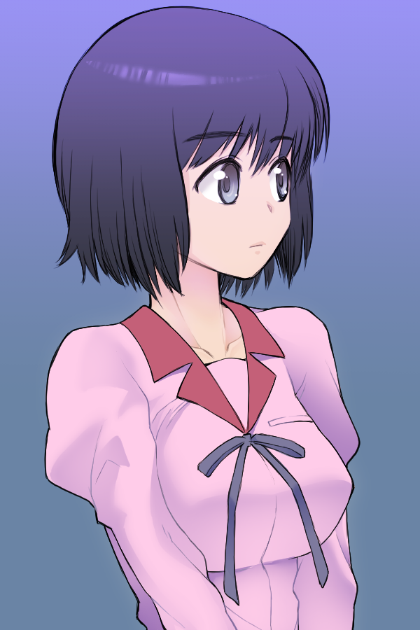 bakemonogatari bangs black_eyes black_hair blue_background bob_cut breasts collarbone commentary expressionless eyebrows_visible_through_hair gradient gradient_background hanekawa_tsubasa juliet_sleeves kikumaru_bunta large_breasts long_sleeves looking_to_the_side monogatari_(series) naoetsu_high_school_uniform neck_ribbon pink_shirt puffy_sleeves purple_background purple_neckwear purple_ribbon ribbon school_uniform shirt short_hair upper_body