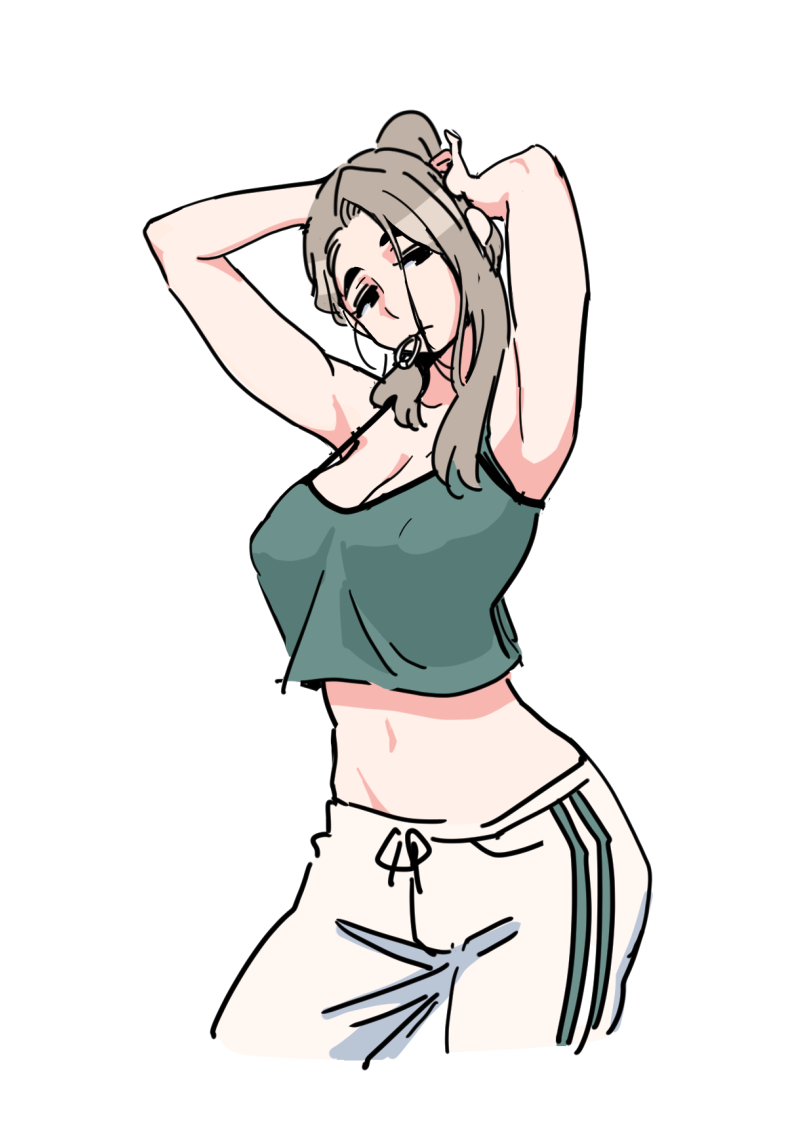 1girl adjusting_hair armpits arms_up breasts brown_hair camisole covered_nipples cowboy_shot crop_top green_camisole large_breasts midriff mouth_hold navel original pants royal_tea simple_background solo strap_gap white_background white_pants