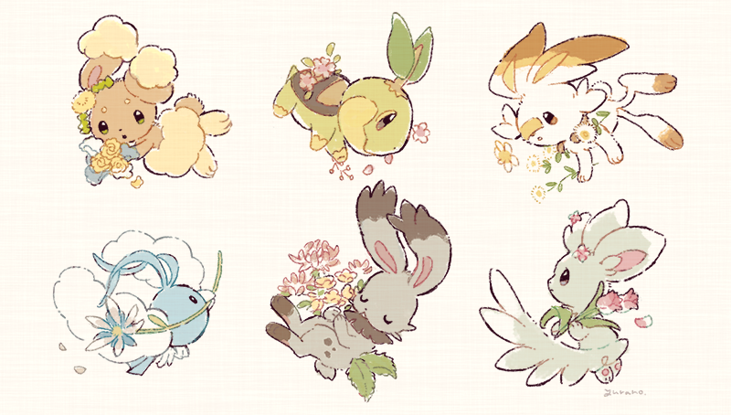 artist_name brown_eyes buneary bunnelby closed_eyes closed_mouth flower gen_3_pokemon gen_4_pokemon gen_5_pokemon gen_6_pokemon gen_8_pokemon holding minccino mouth_hold paws petals pokemon pokemon_(creature) scorbunny swablu toes turtwig white_background yurano_(upao)
