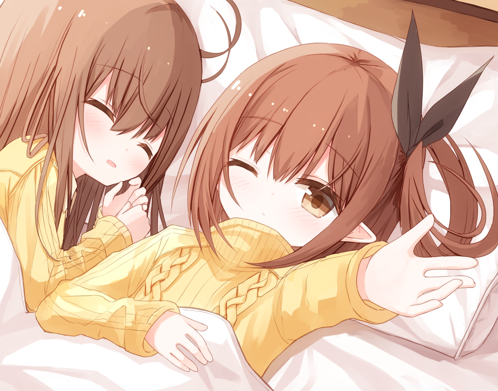 2girls aran_sweater bangs bed_sheet black_ribbon blush brown_eyes brown_hair closed_eyes eyebrows_visible_through_hair hair_between_eyes hair_ribbon hair_rings long_sleeves looking_at_viewer lucena_winter lying multiple_girls on_back on_side one_eye_closed original outstretched_arm parted_lips pillow ribbed_sweater ribbon sleeping sleeves_past_wrists sweater turtleneck turtleneck_sweater under_covers upper_body yellow_sweater yuuhagi_(amaretto-no-natsu)