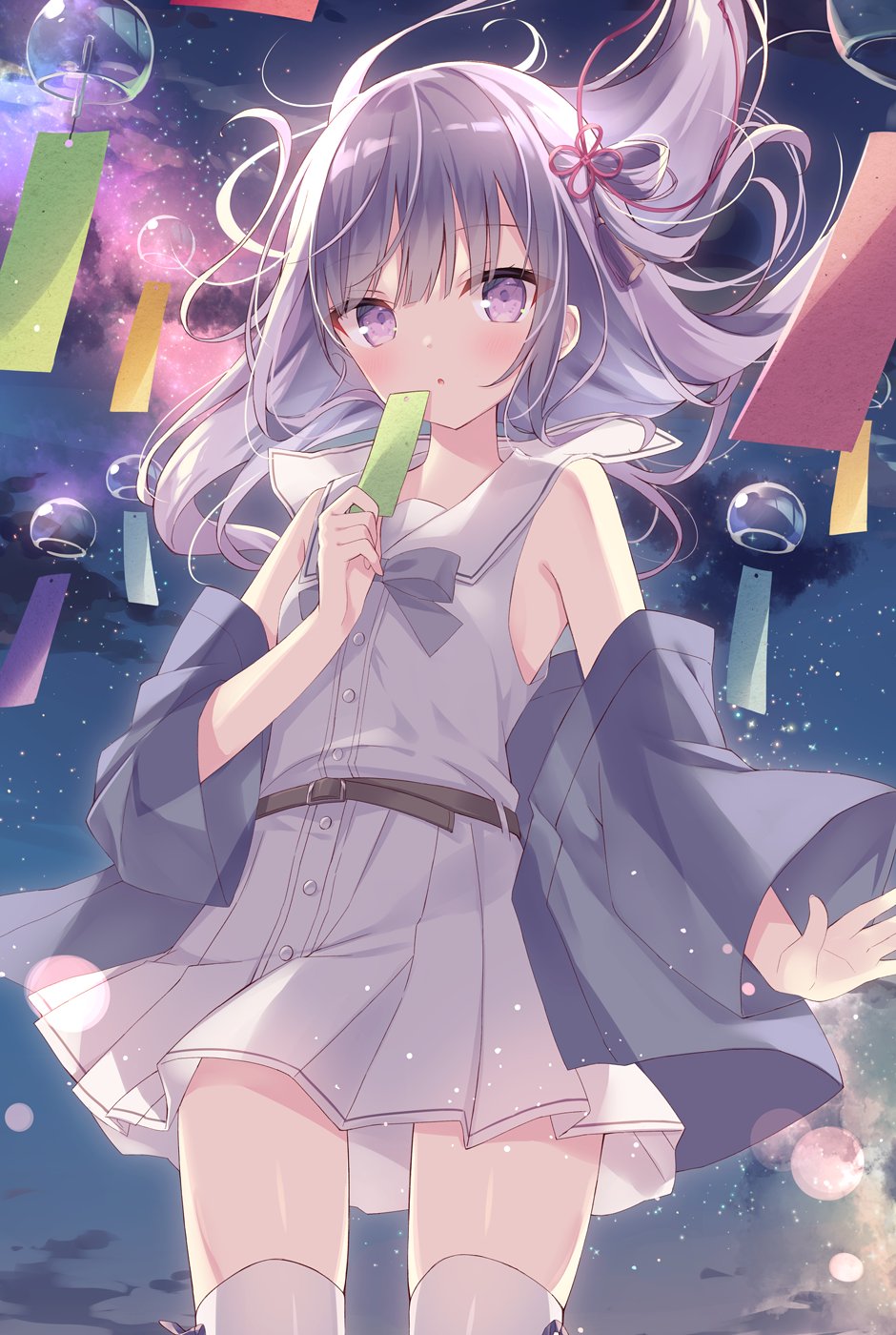 1girl :o bare_shoulders black_jacket blush clouds commentary floating_hair full_body highres holding hoshi_(snacherubi) jacket long_hair long_sleeves looking_at_viewer night night_sky off_shoulder open_clothes open_jacket original outdoors parted_lips pleated_skirt purple_hair sailor_collar school_uniform serafuku shirt skirt sky sleeveless sleeveless_shirt solo standing star_(sky) starry_sky symbol_commentary tanzaku thigh-highs violet_eyes white_legwear white_sailor_collar white_serafuku white_shirt white_skirt wide_sleeves