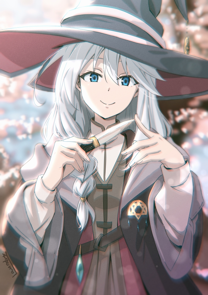 1girl bangs black_robe blue_eyes blurry blurry_background braid brooch character_request check_character hair_between_eyes hat hat_ornament hat_ribbon holding holding_knife jewelry knife long_hair long_sleeves majo_no_tabitabi nike_(majo_no_tabitabi) open_clothes open_robe randorii ribbon robe side_braid signature silver_hair single_braid smile solo upper_body wide_sleeves witch witch_hat