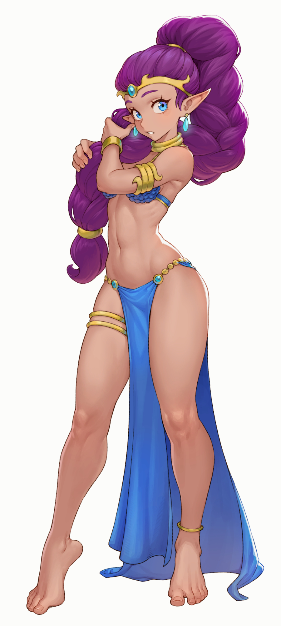 1girl :o alternate_hairstyle anklet arabian_clothes armlet bare_legs bare_shoulders barefoot blue_eyes blush bracer braid cheshirrr circlet collar dark_skin earrings full_body high_braid highres jewelry loincloth long_hair looking_at_viewer navel parted_lips pointy_ears purple_hair shantae_(character) shantae_(series) single_braid solo standing stomach thighlet very_long_hair